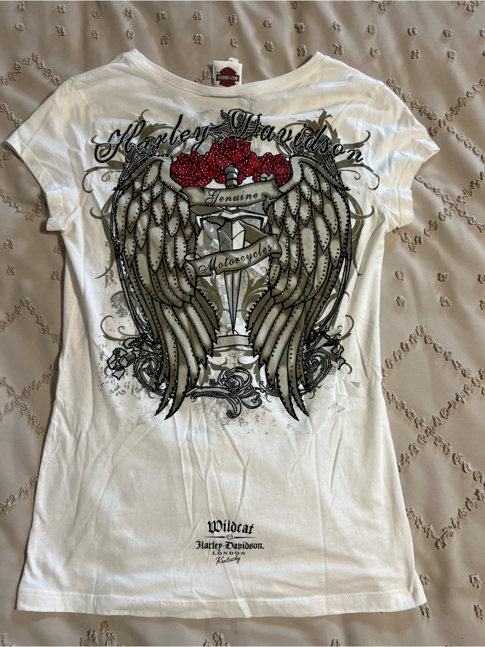 Harley Davidson Wildcat Graphic Tee Size L White Wings Roses - Picture 8 of 11